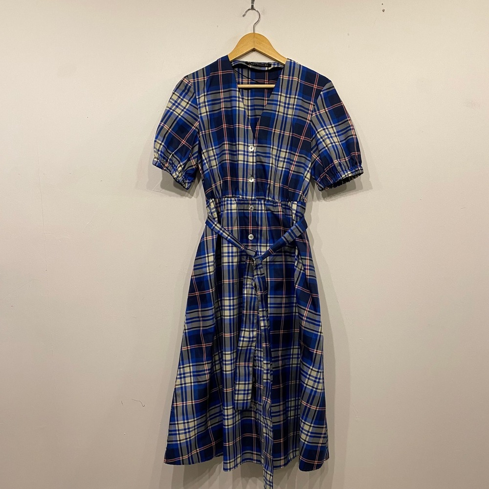 Zara Woman Blue Plaid Button Front Midi Dress Short Puff Sleeve Belted Size M